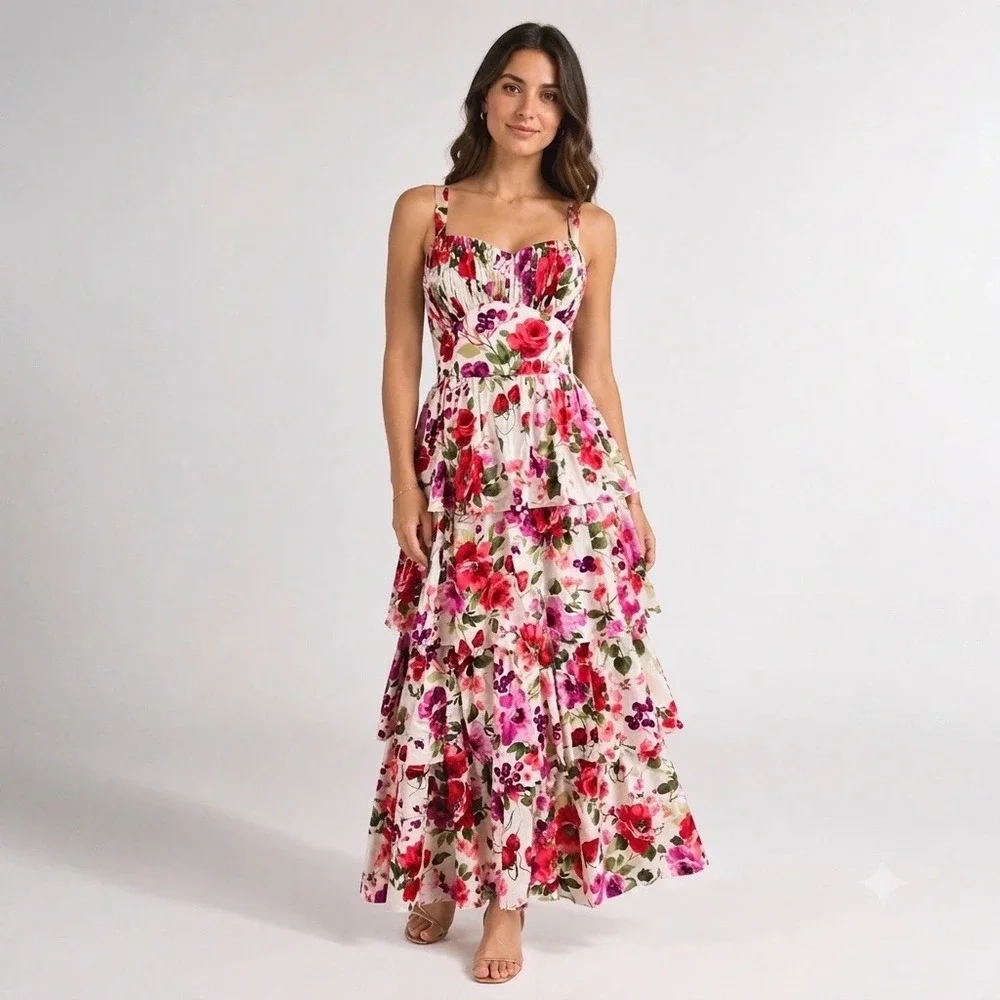 Abercrombie & Fitch Maxi Dress Women Small White Floral Tiered Tie Back Romantic